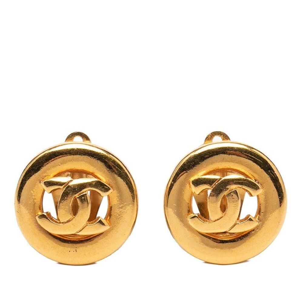 Chanel CC Logo Round Circle Plated Earrings Gold